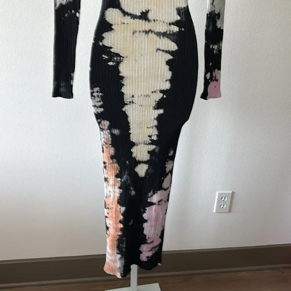 Ribbed Tie-Dye Dress L Bodycon V-Neck Bleach Wash Grunge Indie Sleaze Streetwear - Picture 4 of 13